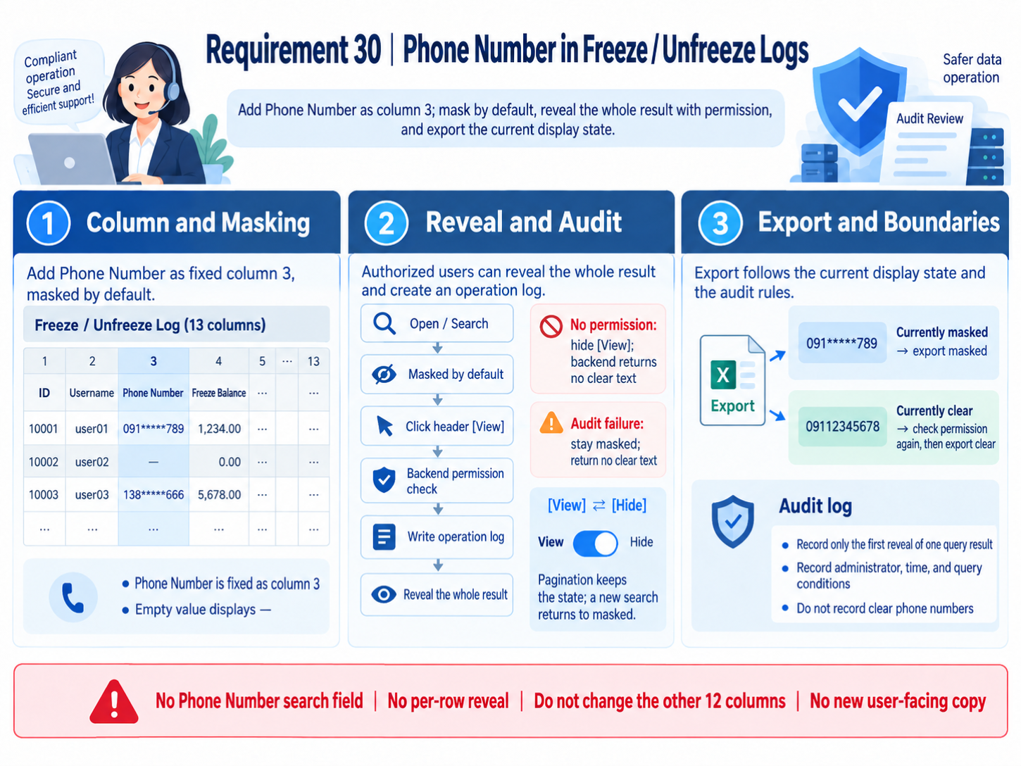 Phone-number protection flow for Freeze / Unfreeze Log